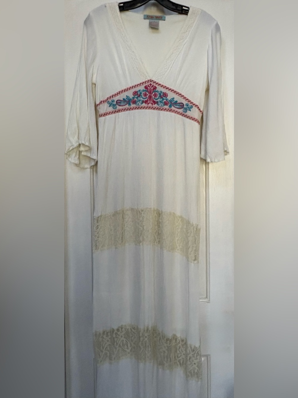 Flying Tomato Cream Maxi Dress with Pink & Teal Embroidery